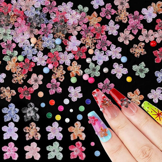300Pcs Flower Nail Charms Kit, 100Pcs 3D Jelly Mini Hawaii Flowers Charms and 100Pcs Nail Pearls with 100Pcs Macaron Beads, Colorful Hibiscus Floral Tiny Gems Round Beads for Nails Design