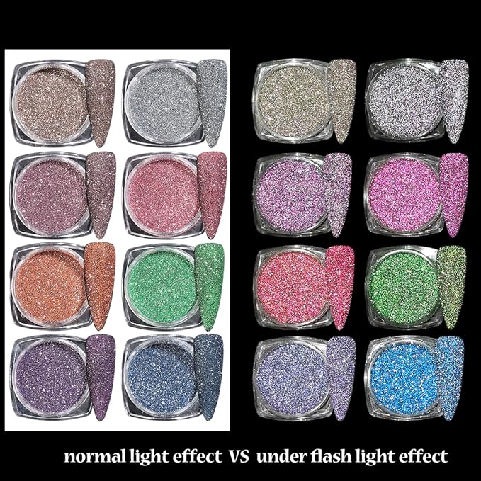 Reflective Glitter Powder Set, 8 Colors Sparkle Diamond Nail Glitter Dust, Silver Pink Purple Green Loose Glitter for Nails, Shiny Sugar Nail Powder Dipping Pigment, Nail Supplies