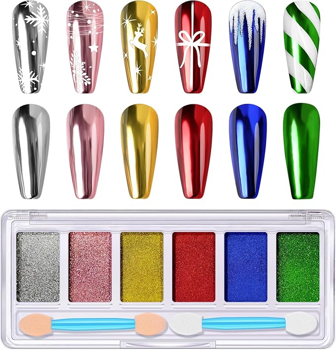 Christmas Red Green Chrome Nail Powder, DRMODE 6 Colors Gold Silver Mirror Metallic Effect Nail Chrome Powder, Blue Rose Gold Champagne Colored Chrome Powder for Nails Palette Pigment for Nail Art