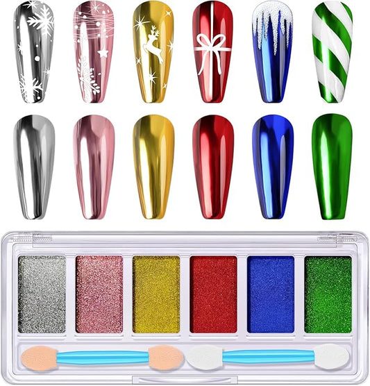 Christmas Red Green Chrome Nail Powder, DRMODE 6 Colors Gold Silver Mirror Metallic Effect Nail Chrome Powder, Blue Rose Gold Champagne Colored Chrome Powder for Nails Palette Pigment for Nail Art