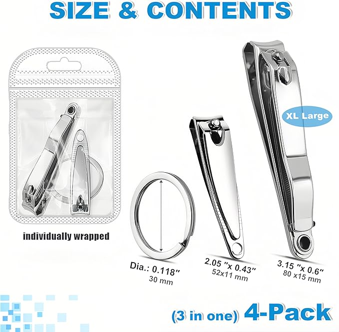 Toenail & Fingernail Nail Clippers Kit for Men Women Seniors, 8-Piece Stainless Steel Long Handled Nail Care Set, Nail Clippers Bulk for Travel, Gifts, (XL Large & Small Set, 4-Pack)
