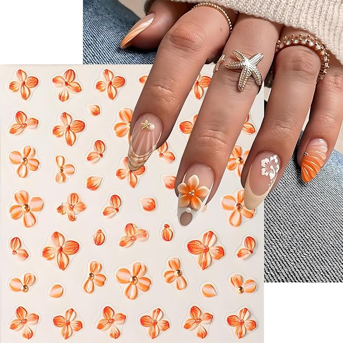 Fall Flowers Nail Art Stickers, Fall Gradient Orange Flower Nail Decals 5d Embossed Small Yellow Flower 2Pcs Nail Art Supplies for Women Nail Decoration