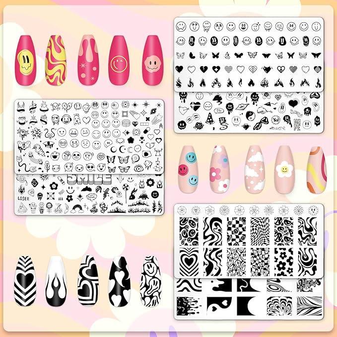 Whaline 6Pcs Smile Face Nail Plates Stamping Set Heart Butterfly Star Flower Smiling Stamp Templates Groovy Nail Art Plates for DIY Print Manicure Salon Design Gift Supplies