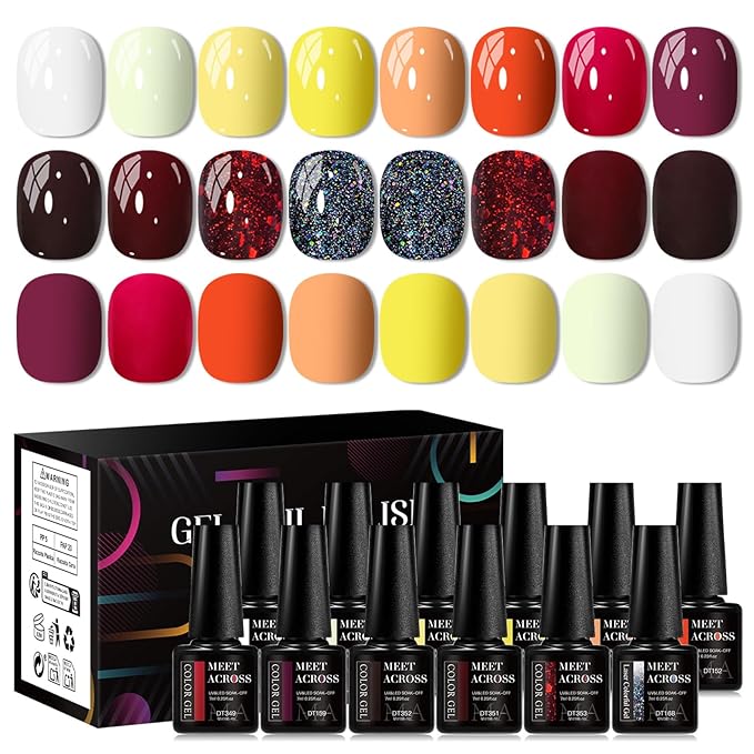 MEET ACROSS 12PCS Gel Nail Polish Set, 12 Colors Gel Nail Kit Art Design Soak Off UV LED,Nail Art Design Gifts for Women (Fall, 12PCS)