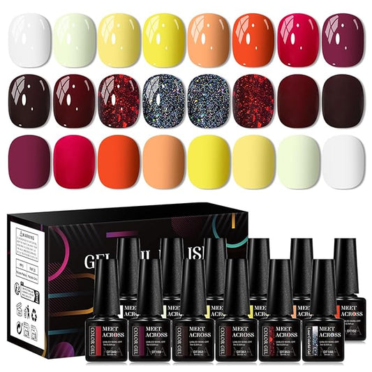 MEET ACROSS 12PCS Gel Nail Polish Set, 12 Colors Gel Nail Kit Art Design Soak Off UV LED,Nail Art Design Gifts for Women (Fall, 12PCS)