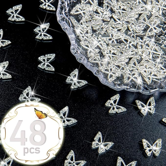 48pcs Silver Butterfly Nails Charms Bulk 3D Rhinestones Alloy Studs Nail Art Jewels Diamonds Gems Decor Supplies