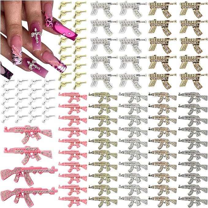 114PCS Gun 3D Nail Charms for Acrylic Nails, Gold Silver Alloy Nail Gems Small Pistol Machine Gun Nail Accessories, Nail Rhinestones for Nail Art Supplies Manicure Craft DIY