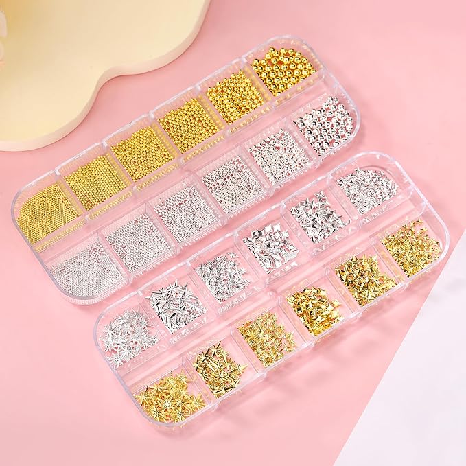 3D Star Nail Charms, Gold & Silver Multi-Shapes Metallic Nail Art Gems and Small Round Caviar Beads, Craft Jewels Nail Rhinestones Accessories Manicure Decor with Tweezers and Pick-up Pencil 4