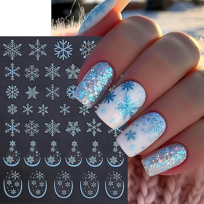 6 Sheets Christmas Nail Art Stickers 3D Self-Adhesive White Snowflake Nail Decals Winter Gold White Blue Snowflake French Nail Design Holiday DIY Manicure Decoration Supplies Accessories for Women