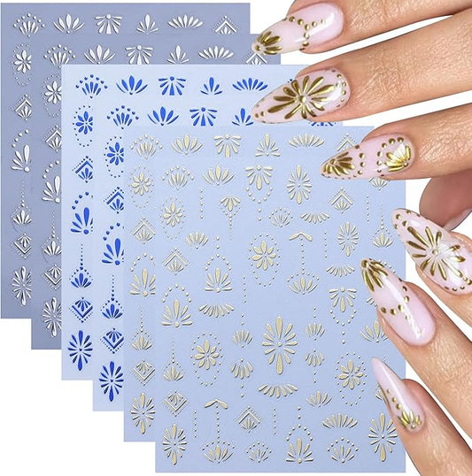 Bohemian Nail Art Stickers, Gold Silver Blue Floral Designs, Self-Adhesive 3D Decorative Decals for Women, Summer Nail Decoration, 6 Sheets