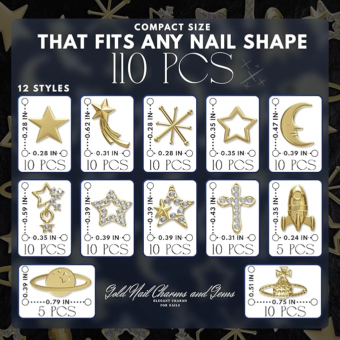110 Pcs Gold Nail Charms and Gems – Complete Art Kit with Gold Star Nail Charms, Planets, Moon, Crosses & Rocket – Designed for Creating Detailed, Custom Designs with Easy Application
