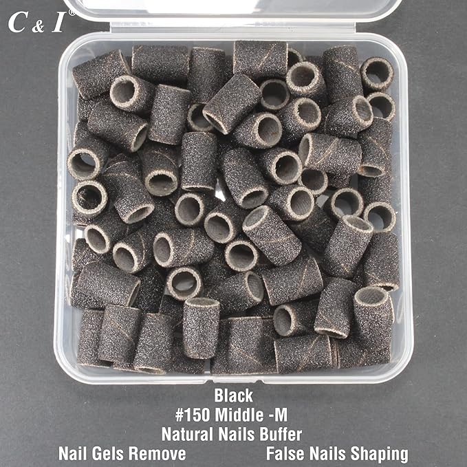 C & I Nail Sanding Bands 100 PCS Plus Upgrade Mandrel 1 PC, Nail Drill Bits for Acrylic Gel Nails Remove, Natural Nails Buffer for Nail Prep and Nail Shiner (Black, #150 Middle)