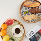 Round Rattan Tray with Mother of Pearl Inlay, Rattan Serving Tray with Wooden - Image 2