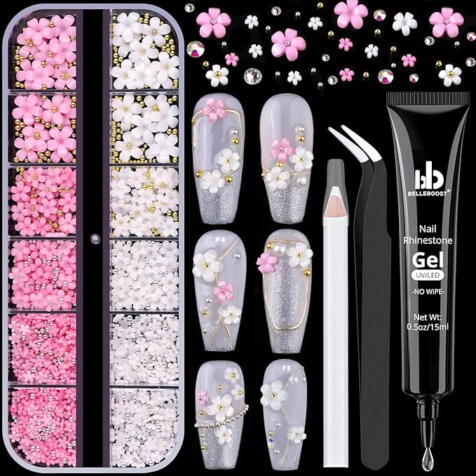BELLEBOOST 3D Flowers Manicure Gems with Nail Rhinestone Glue Gel, White Pink Acrylic Flower Charms Caviar Beads, Rhinestones for Nails Gem (UV/LED Needed) Dotting Tools
