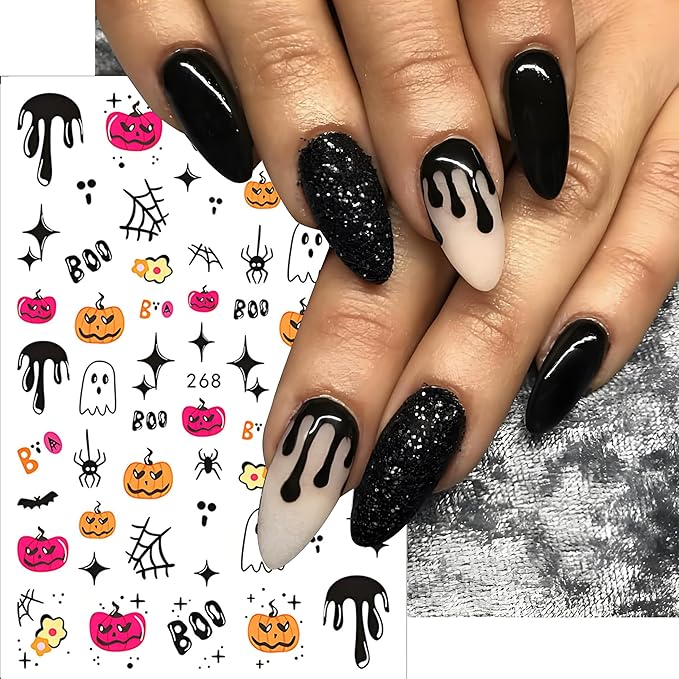 Halloween Nail Art Stickers, Spider Web Nail Art Decals 3D Self-Adhesive with Pumpkin Cute Ghost Cat Bat Flower Tree Nail Design 8Pcs Halloween Nail Art Supplies for Women Nail Decoration