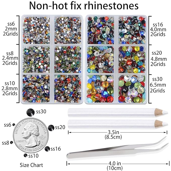 LPBeads 6000 Pieces Mixed Color Non Hotfix Rhinestones 6 Sizes Round Crystal Glass Flat Back Rhinestones with Tweezers and Picking Pen for Nail Art Crafts Clothes Bags DIY