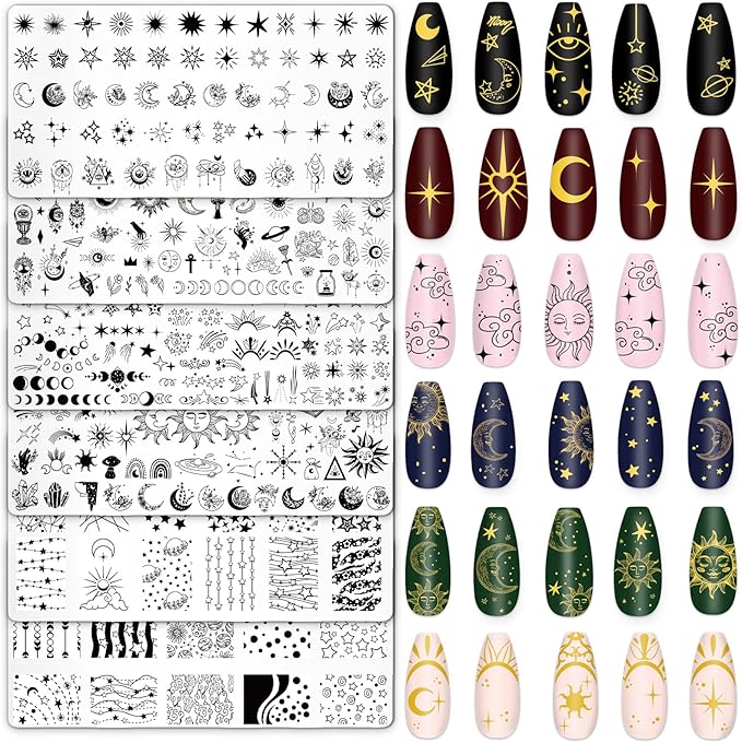 Whaline 6Pcs Sun Moon Star Nail Plates Stamping Set Groovy Stamp Templates Nail Art Plates for DIY Print Manicure Salon Design Gift Supplies