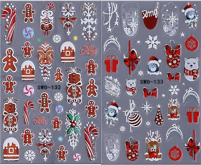 2Pcs Christmas Nail Stickers Snowflake Decals for Nail Art Red Bow Nail Design 5D Embossed Christmas Gift Nails Art Supplies Fawn Pine Tree Nails Accessories for Women DIY Manicure Art Decoration