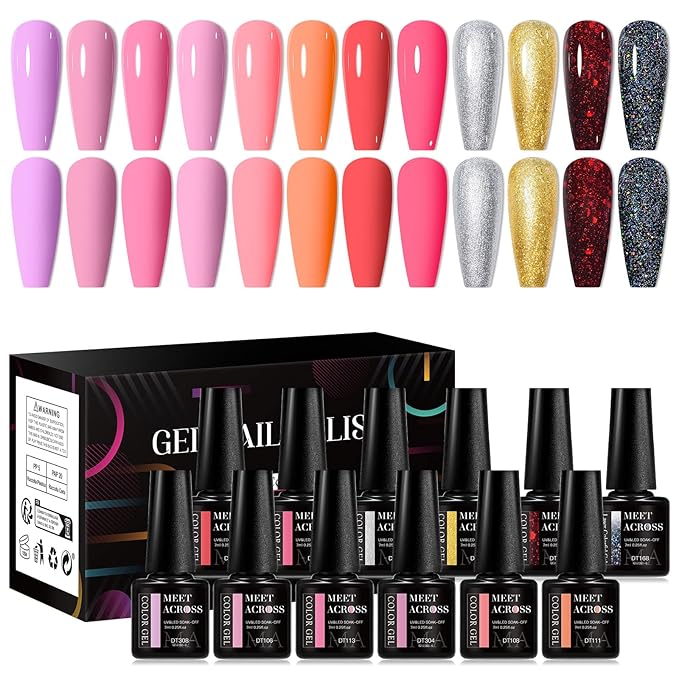 MEET ACROSS 12PCS Gel Nail Polish Set, 12 Colors Gel Nail Kit Art Design Soak Off UV LED,Nail Art Design Gifts for Women (SET-5, 12PCS)