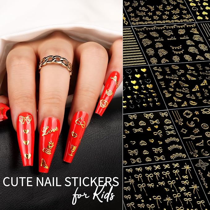 Teenitor 50 Sheets Nail Stickers for Nail Art, Nail Decals Gold Nail Stickers for Kids Women in Fall Winter Halloween Christmas, Nail Decorations