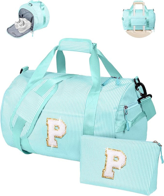 Daughter Birthday Gift from Mom, Girls Travel Duffle Bag, Kids Initial Overnight Bags with Shoe Compartment, Personalized Weekend Bag with Cosmetic Pouch, Teen Girl Trendy Stuff (Letter P)
