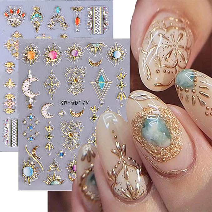 2 Sheets 5D Embossed Star Moon Nail Art Stickers Sun Rhinestones Nail Stickers Designs Nail Decals Supplies Self Adhesive Nails Sticker for Women DIY Acrylic Nail Accessories