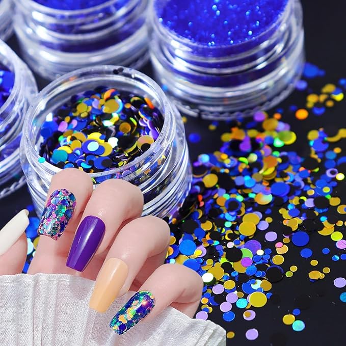 Snowflake Nail Art Glitter Blue Winter Nail Sequins Flakes, Blue Manicure fine Glitter Powder, 3D Holographic Heart Round Hexagon Butterfly Nail Stickers Decals Supplies Nail Charms for Women 6 Box