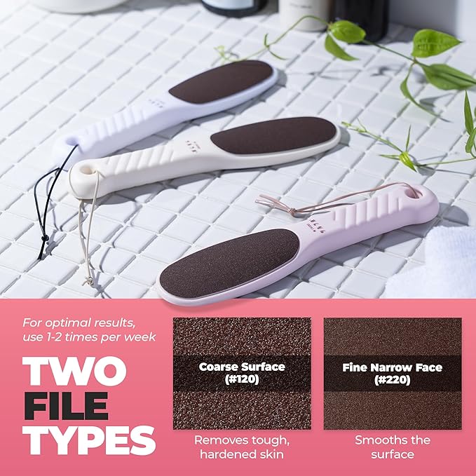 TSURULABO - Foot File, Dual-Sided (Coarse & Fine), Water-Resistant Alternative to a Foot Scrubber or Pumice Stone for Feet, Heel Scrubber for Grooming, Pink Dry Skin Callus Remover with Hanging Loop