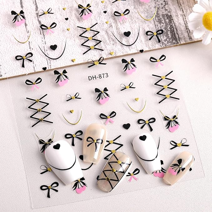 Bow Heart Nail Stickers Christmas Nail Art Stickers Holiday Pink Hearts Curve Line Nail Decals Valentines DIY Nails Design Sticker Xmas French Nail Decoration for Women Manicure Accessories 5Pcs
