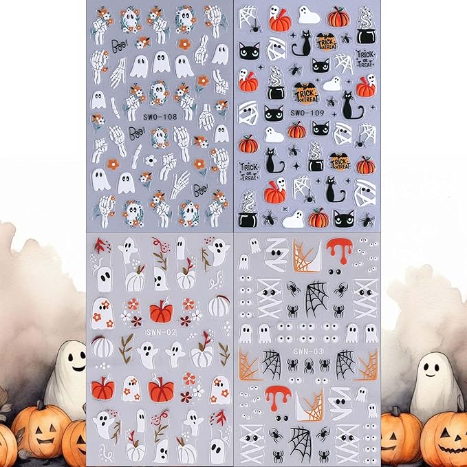 ONPRESS 4Sheet Halloween Nail Stickers Spooky Ghost Face Pumpkin Nail Decals 5D Self Adhesive Nail Spider Cat Flower Bat Bone Hand Star Leaves Relief Nail Art Stickers Nails for Women DIY Manicure