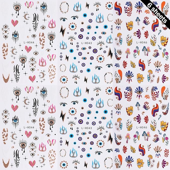 6 Sheets Goth 3D Self-Adhesive Star Flame Nail Stickers - Glitter Blue Eye Design, French Art, Holographic Decals for Women DIY Manicure