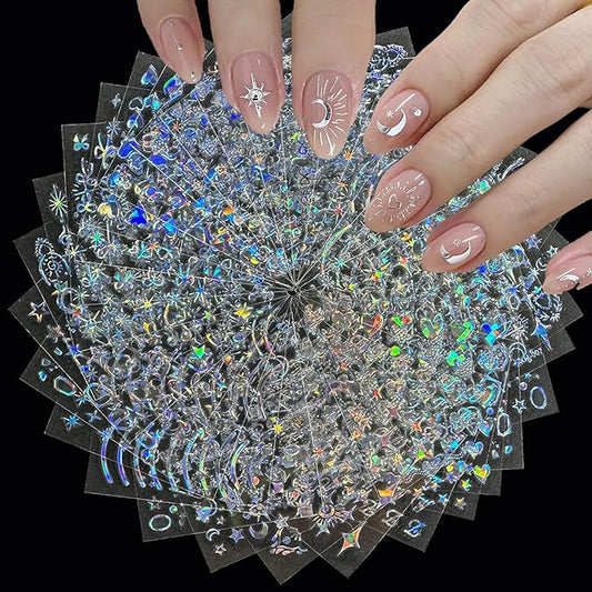 30 Sheets Star Nail Sticker Aurora Nail Art Stickers Moon Bow Heart Letter Design 3D Self-Adhesive Nail Decals for Women Girls DIY Nail Art Decoration