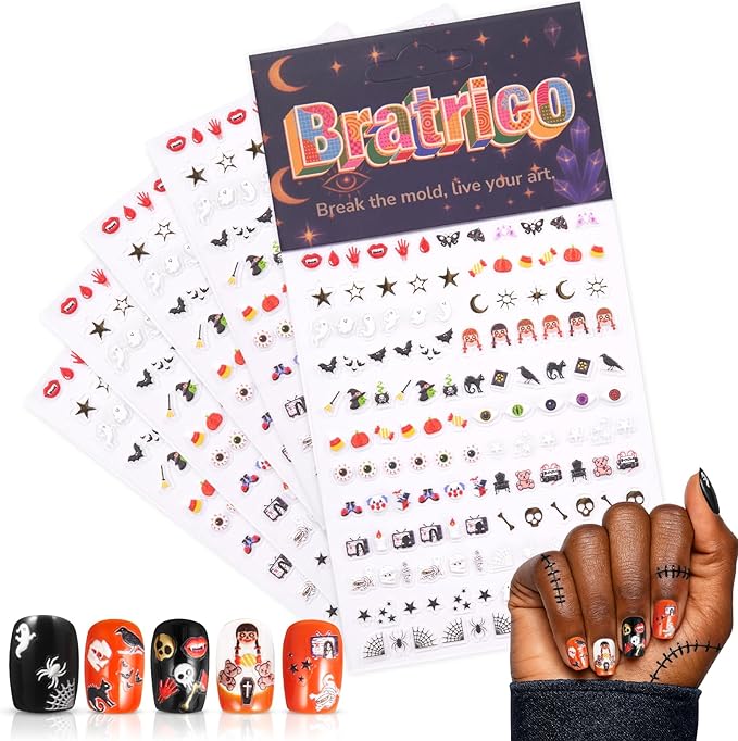 Halloween Nail Decals – 5 Sheets Bratrico 5D Halloween Nail Stickers, Self-Adhesive with Witch, Gothic, Creepy Cute， Horror Movie Designs Manicure Set for Family Time, Women, Girls & Teens