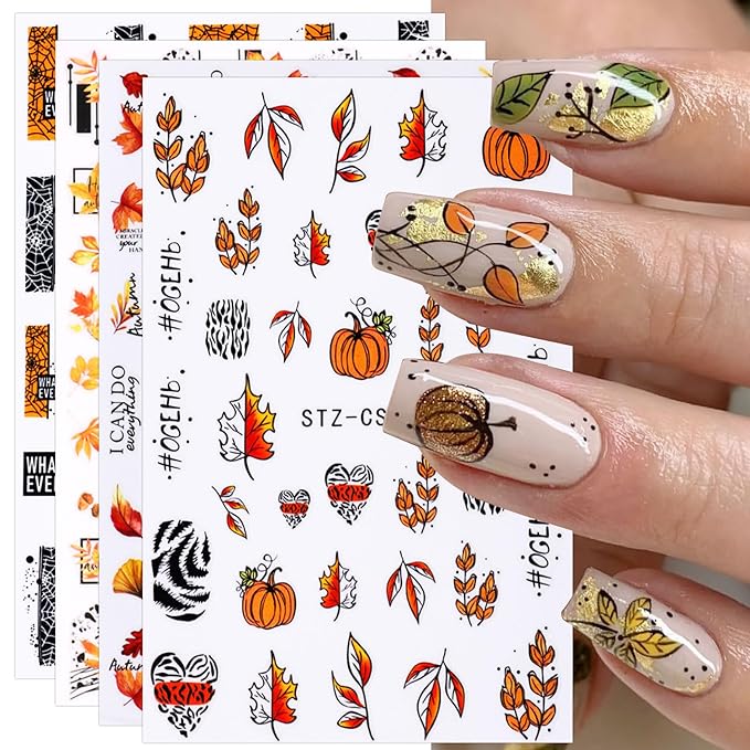 JMEOWIO 9 Sheets Fall Nail Art Stickers Decals Self-Adhesive Autumn Pumpkin Maple Leaf Nail Supplies Nail Art Design Decoration Accessories