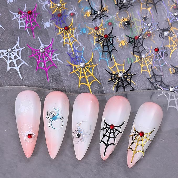 4PCS Halloween Nail Art Stickers Decals Colorful Spider Web Spider Nail Decals with Rhinestone Spider Web Spider Bow Heart Nail Art Design Cute Halloween Nail Supplies for Women Manicure Decorations