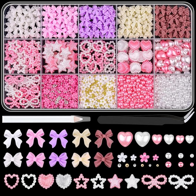 3D Nail Charms for Coquette Nails Design Set 4, Colorful Nail Bows + Assorted Pearl Heart Star Moon Bowknot Cute Nail Jewels + 3D Flower Charms and Nail Pearls, with Picker Tools for Nail Decor