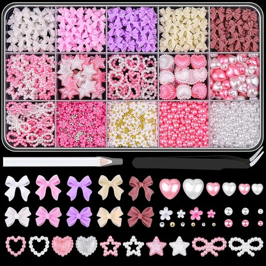 3D Nail Charms for Coquette Nails Design Set 4, Colorful Nail Bows + Assorted Pearl Heart Star Moon Bowknot Cute Nail Jewels + 3D Flower Charms and Nail Pearls, with Picker Tools for Nail Decor