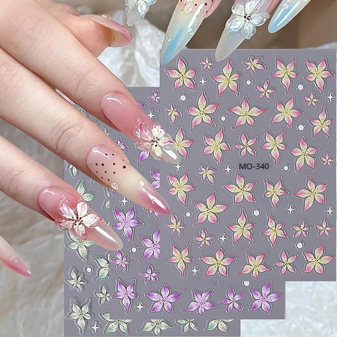 5D Flower Nail Stickers Decals 8PCS Hawaii Hibiscus Nails Art Designs Self Adhesive Embossed Tropical Floral Petals Charms Vacation Stickers Decoration for Women Nail Supplies