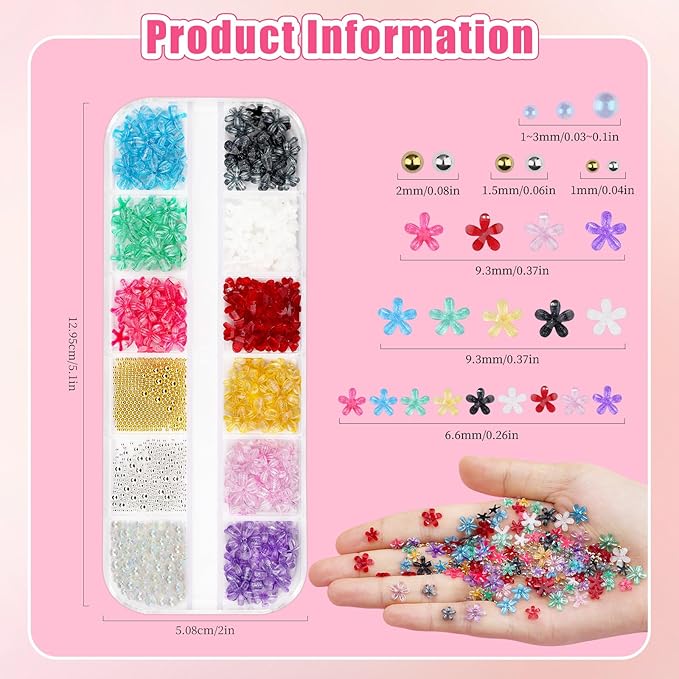 3D Colorful Flower Nail Charms with Nail Beads & Bubble Beads - Transparent Flower Charms, Gold/Silver Caviar Beads and Mixed Sizes Glass Bubble for Women Nails Design DIY Crafts (2-S1-Transparent)
