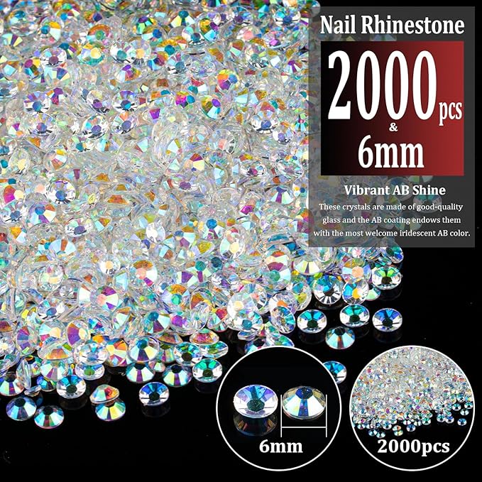2000pcs 6mm Resin Rhinestones Bulk, Transparent AB Flatback Round Jelly Rhinestones Bedazzling Non Hotfix Crystal Gems Large Quantity Wholesale for DIY Crafts Clothes Tumblers Face Makeup Manicure