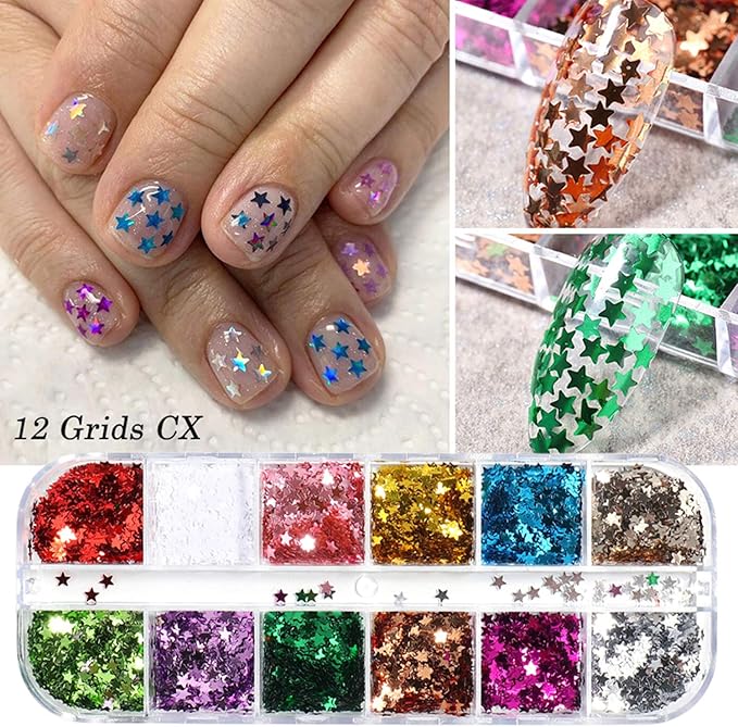 12 Colors Stars Nail Art Stickers Star Nail Glitter Sequins 3D Nail Art Decor Holographic Stars Shape Flakes Nail Design for Women Manicure Tips DIY Nail Charms Decorations Acrylic Nails Supply Kit