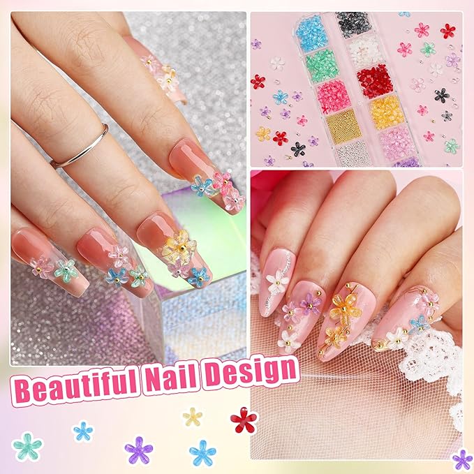 3D Colorful Flower Nail Charms with Nail Beads & Bubble Beads - Transparent Flower Charms, Gold/Silver Caviar Beads and Mixed Sizes Glass Bubble for Women Nails Design DIY Crafts (2-S1-Transparent)