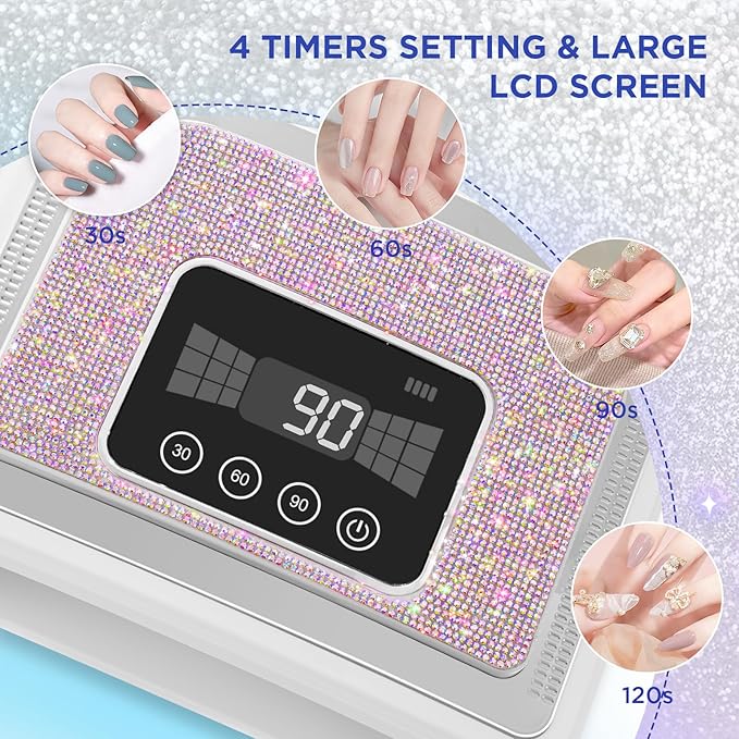Aedavey Cordless Nail Lamp, Rechargeable UV Nail Lamp for Gel Nails, LED Nail Lamp with 4 Timer Modes, Gel Nail Light Decorate with Sparkling Nail Rhinestones Diamond (Sparkly Diamond and White)