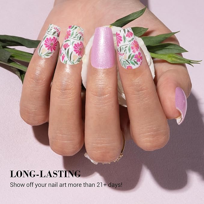 MelodySusie Semi Cured Gel Nail Strips, 20 PCS Gel Nail Stickers, UV Light Required, Durable and Salon Quality (Pearly Pink Flowers)