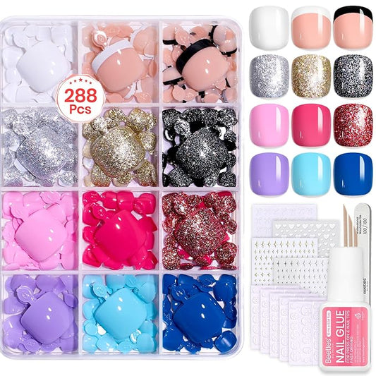 Beetles Toe Nail Press ons Kit 288Pcs 12 Colors, Press on Toenails Short Squaval Glossy Glitter With Nail Glue & Nail Tabs Stickers, Natural Fit Lightweight Fake ToeNails Nail Art For Women Girls