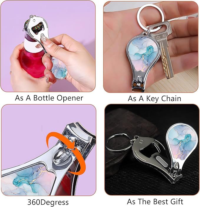 Nail Clipper Set with Keychain 2 Pack Toenail Clippers with Jar Opener Multifunction Nail Cutter for Men-Dorm Room Essentials,Gift for Thanksgiving,Halloween,Travel Essentials(Marble)