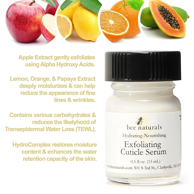 Bee Naturals Exfoliating Cuticle Serum - Renewal Advanced HydroComplex & Fruit Extracts for Deep Hydration & Gentle Exfoliation - Professional Grade, Cruelty-Free Nail Care