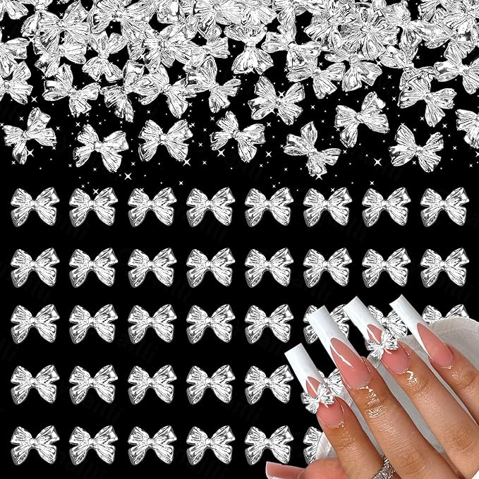 80 Pcs Silver Alloy Bow Nail Charms, 3D Metal Bowknot Nail Jewelry, Nail Art Design DIY Accessories
