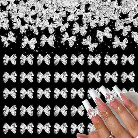 80 Pcs Silver Alloy Bow Nail Charms, 3D Metal Bowknot Nail Jewelry, Nail Art Design DIY Accessories