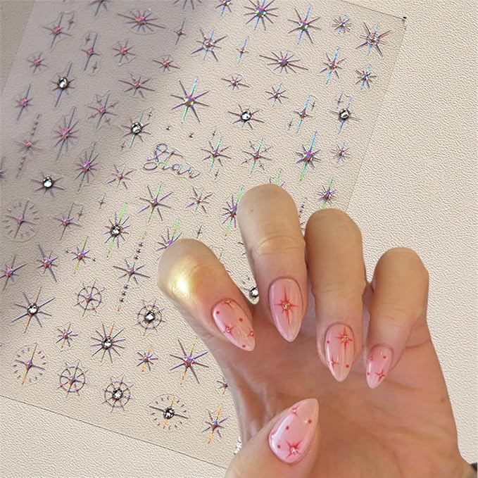 5D Self-Adhesive Glitter Diamond Star Nail Stickers Crystal Nail Art Sticker Silver Pink Sparkle Star Nail Decals with Shiny Rhinestone Luxury Nail Design Supplies for Women DIY Nail Decorations